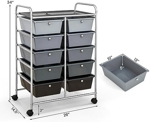 Giantex 10 Drawers Rolling Cart, Classroom Organizers, Storage Cart with Wheels, for Teacher Office Home School Supplies Tool Craft Art Paper, Black Gradient
