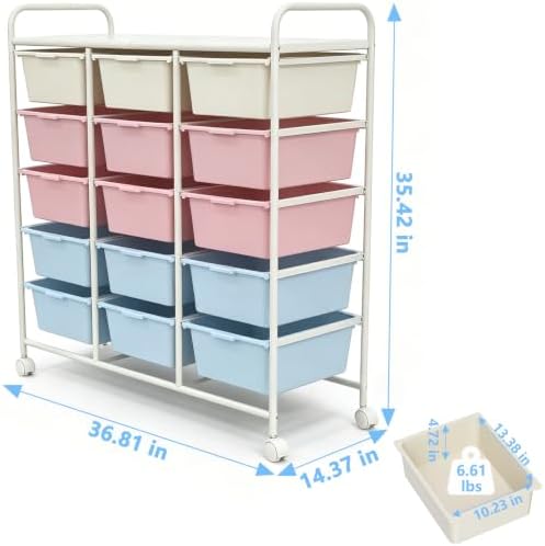 15-Drawer Rolling Storage Cart with Wheels, 3-Color Plastic Drawer Cart | Mobile Organizer Cart, Utility Storage Trolley for Office, Living Room, Craft Room, Bathroom, and Home Organization