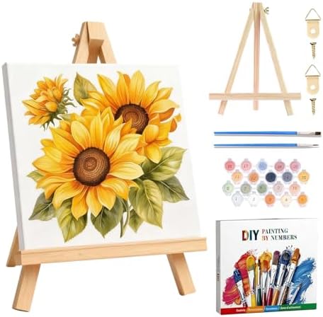 Amaieuin Sunflowers Paint by Numbers for Adults Beginners,Paint by Numbers Frame with Easel Flowers,DIY Number Painting for Adults for Home Wall Art Decor 10x10in