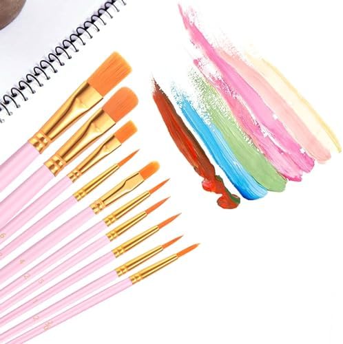 AROIC Painting Brushes Set, 10 Packs /100 Pieces, Nylon Brush Head | Suitable for Oil and Watercolor, Perfect Suit of Art Painting, Best Present for Painting, Pink