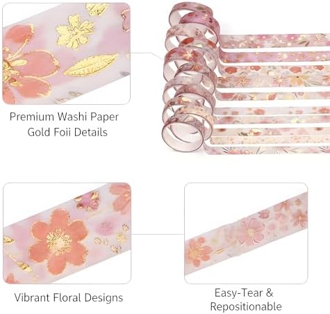 Washi Tape Set, Floral Washi Stickers, 12 Rolls Assorted Sizes, for Junk Journal Scrapbook Tape, Bullet Journaling Scrapbooking Supplies, Planner Sticker DIY Craft DéCor (Pink)