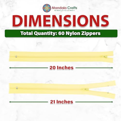 Mandala Crafts 60 PCs Butter Yellow Closed-End 20" Nylon Zippers for Sewing
