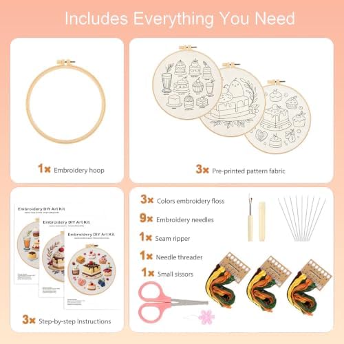 FEIYUENO 3 Sets Cake Pattern Embroidery Kit for Beginner Adults