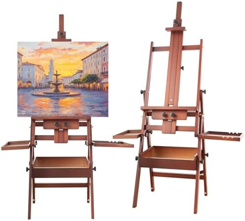 Horizontal Beechwood Studio Easel with Drawer and Palettes, Walnut | H-Frame Solid Wooden Painting Easel for Students, Beginners, and Artists, Hold Canvas to 50Inches High
