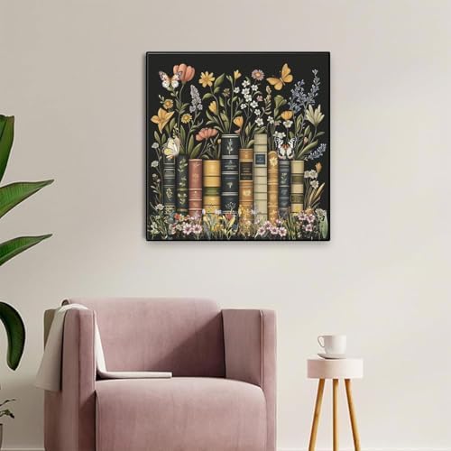 RYMILIE Diamond Art Kits for Adults Vintage Flowers and Books 14x14inch | 5D Stress Relief Diamond Painting Kit for Beginners, DIY Full Round Drill Gem Art Crafts for Home Wall Decor Gift