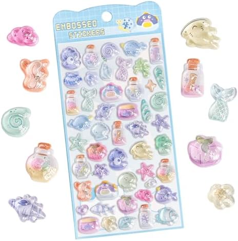 Cute Stickers Blue Ocean Theme Puff Stickers with Glitter Kawaii, Jellyfish, Conch, Shell, Small Fish 3D Puffy for Scrapbooks Planner Journals Laptops Phone Case Decoration Laptops Phone Case DIY