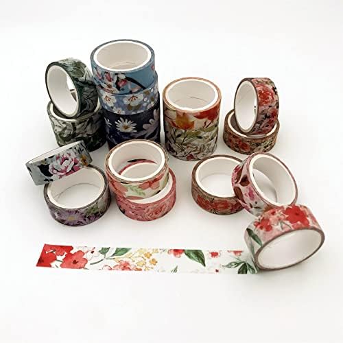 Floral Washi Tape Set 20 Rolls 15mm Wide Flower Decorative Paper Tapes for Scrapbooking, Journal, Planner, DIY Crafts, Gift Wrapping