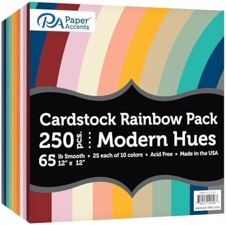 Accent Design Paper Accents Variety Pack, Rainbow Cardstock, Modern Hues, 12x12 Inch, 250 Pack, 65lb Coordinated Color Cardstock, Scrapbooking, Card Making, and Crafts