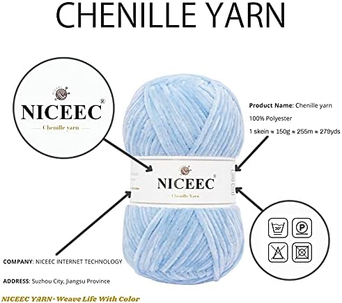 NICEEC 2 Skeins Soft Chenille Yarn 2 x255m (2X 279yds, 3X 150g)_Light Blue