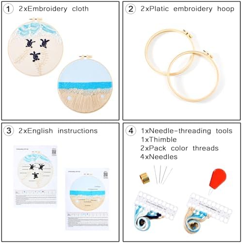 Embroidery Kit for Beginner Adults, Stamped Cross Stitch kits for Adults Beginners, Ocean Hand Embroidery Starter Needlepoint Kit, 2 Set Embroidery Supplies, 2 Hoops (Attached Teaching Video QR Code)