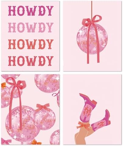 XUNLURY Pink Preppy Bows Western Diamond Art Kits 4 Pack 10x11.8 Inch, Cowgirl Room Decor Trendy Coquette Pink Bow Disco Ball Howdy DIY Diamond Gem Painting Art Kits for Girls Kids Adults Beginners