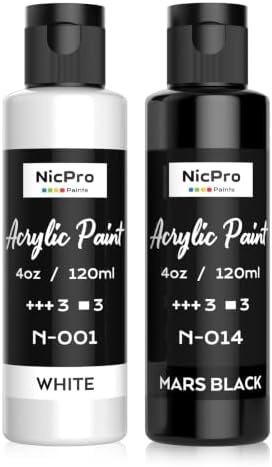 Nicpro White & Black Acrylic Paint (4 oz / 120 ml Each), Rich Pigments | Non Toxic Craft Paint for Multi Surface, Canvas, Wood, Pumpkin, Crafts - Art Painting Supplies for Beginners, Artist & Adults