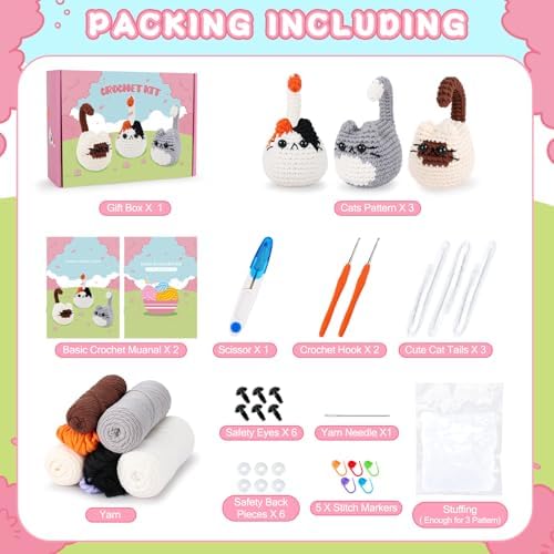 Cat Crochet Kit for Beginners-3PCS Cats Crochet Kits,Teacher Appreciation Gifts for Women, Crochet Starter Kit with Step-by-Step Video Tutorials,Crochet Animal Kits DIY Craft Learn to Crochet Kits