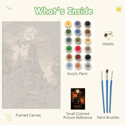 Spandrel Paint by Numbers for Adults Halloween Haunted House Canvas Oil Painting Kit, Gothic Spooky Full Moon Horror Landscape Number Painting, Dark Halloween Wall Art Decor Gift for Beginners