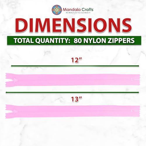 Mandala Crafts 80 PCs Pink Closed-End 12 Inches Nylon Zippers for Sewing