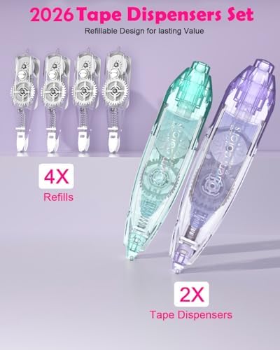 2026 Retractable Double Sided Tape Roller for Crafts, 2 Pcs Glue Tape for Scrapbooking with 4 Extra Refills,16FT Scrapbook Tape Runner, Tape for Art School Office Supplies, Lavender & Mint Green