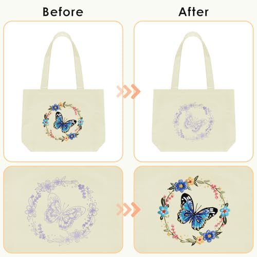 ERKOON Canvas Tote Bag Embroidery Kit for Beginners, Floral Arts Crafts Cross Stitch Kits for Adults Including Stamped Embroidery Bag with Hoops, Needle, Instruction and Color Threads (Butterfly)