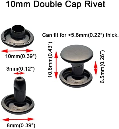 160sets Stainless Steel Leather Rivets Double Cap Rivet Tubular Metal Studs Repairs Decoration Craft Accessories for Leather Craft Clothes Shoes Bags Belts (10mm Gunmetal Black)