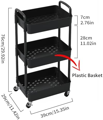 Sywhitta 3-Tier Plastic Rolling Utility Cart with Wheels for Storage,Black