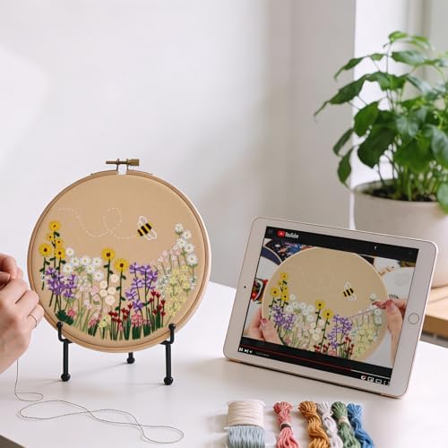 Flowers Embroidery Kits for Beginners Adults, Floral Hand Embroidery Set Needlepoint Kits, Stamped Cross Stitch Kits for Beginners Adults, 2 Embroidery Hoops, Fabric, Thread (Attached Video Tutorial)