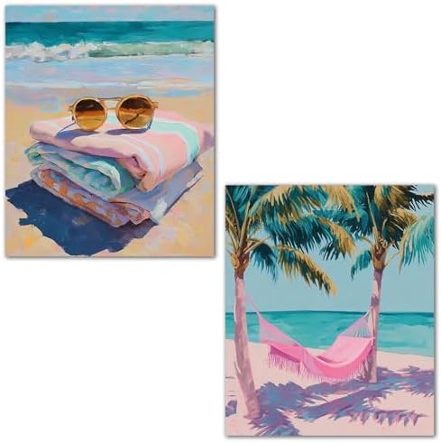 XUNLURY Pastel Coastal Beach Diamond Art Kits 2 Pcs, Summer Tropical Palm Tree Sunglasses Diamond Painting Kits for Adults Beginners, Full Drill Diamonds Dots for Home Decor, 9.8x11.8 Inch