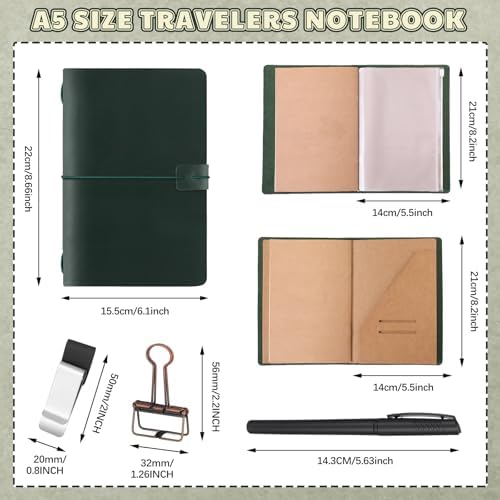 Thenshop Leather Travel Notebook 3 Inserts,Green,A5 Size