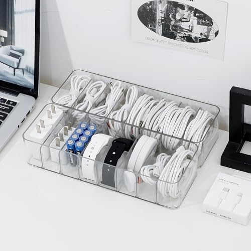 Cable Cord Storage Box with Adjustable Dividers, 2 Pack, Clear