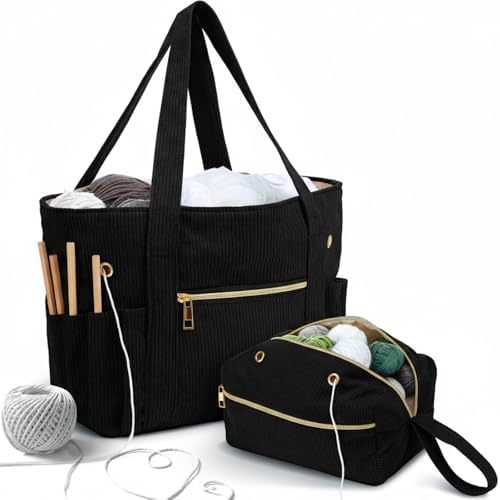 Bulyoou 2 Pcs Crochet Tote and Yarn Bag Set Corduroy Yarn Holder,Black