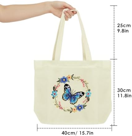 ERKOON Canvas Tote Bag Embroidery Kit for Beginners, Floral Arts Crafts Cross Stitch Kits for Adults Including Stamped Embroidery Bag with Hoops, Needle, Instruction and Color Threads (Butterfly)