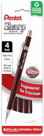Pentel Sharp Mechanical Pencil, (0.3mm), Extra Fine Line, Brown Barrel, Pack of 4 (P203PF4E)