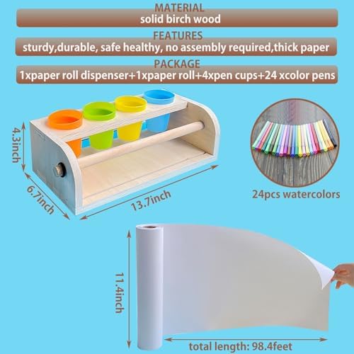 XDONEF Wooden Tabletop Paper Roll Dispenser with Roll 11.4inx98.4ft and Pencil Cups Craft Art Paper Roll Holder for Kids Desktop Easel for Drawing Painting Home Classroom