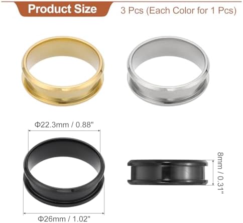 MECCANIXITY 3 Pcs Titanium Steel Ring Blank, 8mm Width Grooved Inlay Ring Blanks for Jewelry Making DIY Craft Supplies(Black/Gold/Silver, Size 13)