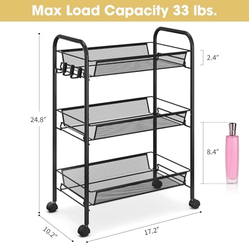 TOOLF 3 Tier Rolling Cart, Metal Utility Storage Cart with Wheels, Black | 3 Hooks, Screwless Assembly, Trolley Organizer for Bathroom, Kitchen, Office, Nursery, Dorm, Laundry Room