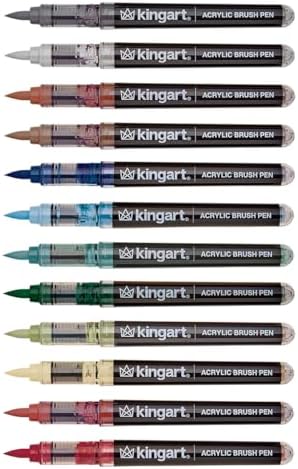 KINGART PRO 12-Piece Acrylic Paint Brush Pen Set – Earth Tone Colors – Flexible Brush Tip for Detailed Illustration and Lettering – Water-Based Opaque Art Markers for Multi-Surface Use