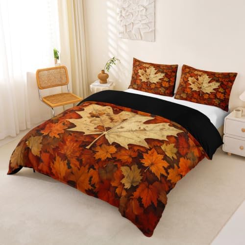 Erosebridal Maple Leaf Duvet Cover Queen Size Autumn Fall Bedding Set for Adults Teens Women Boho Vintage Comforter Cover Modern Abstract Bedclothes Room Decor
