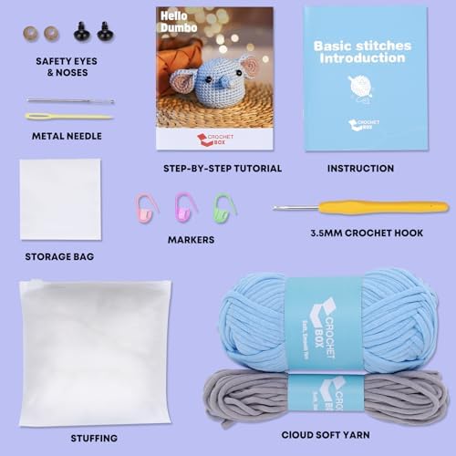 Crochet Kit for Beginners: Elephant Crochet Kit for Adults, Include Easy to Use Yarn, Step-by-Step Video, Patterns, Learn to Crochet, Thanksgiving, Christmas, Birthday Gift