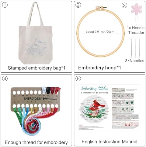 Louise Maelys Embroidery Kit, Cardinal Mushroom Canvas Tote Bag Craft Set