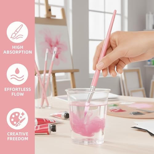 12 Pcs Round Professional Artist Watercolor Paint Brush Set, Pink
