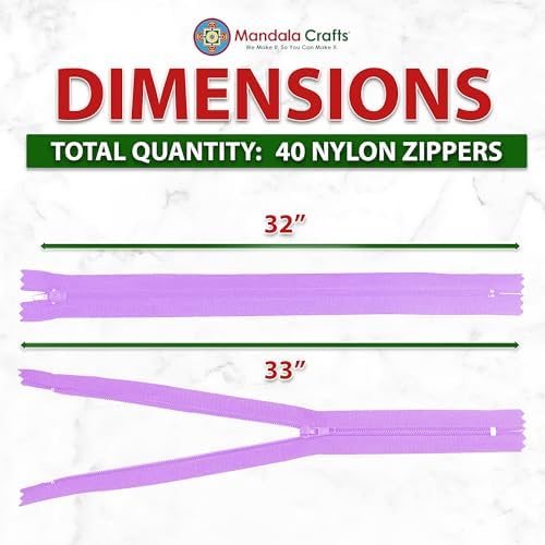 Mandala Crafts 40 PCs Lilac Closed-End 32 Inches Nylon Zippers for Sewing