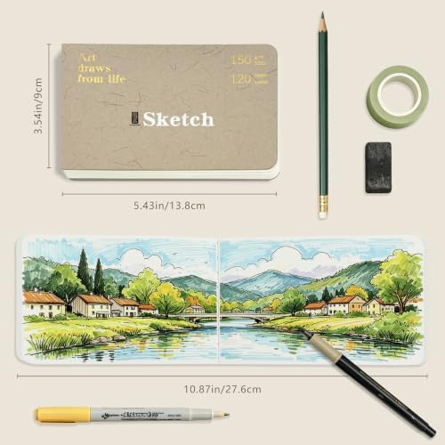 Hardcover Pocket Sketchbook, 3.5" x 5.4" Mini Small Travel Drawing Journal, 92lb/150gsm Heavyweight Paper, 120 Pages Blank Sketch Book for Adults Artists Mixed Media, Ideal Gift,Light Khaki