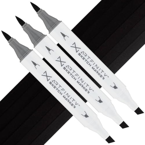 Artfinity Sketch Markers - Set of 3 - Black 100, Vibrant, Professional, Dye-Based Alcohol Markers for Artists, Drawing, Travel, & More