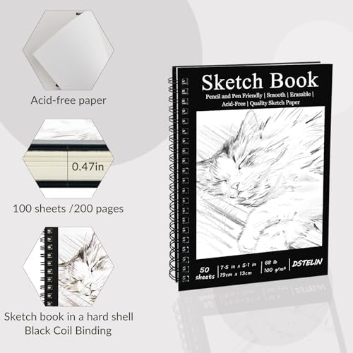 DSTELIN 2 Pack Spiral Bound Sketchbooks (100 GSM Sketch Paper), 50 Sheets per Pack, 7.5" x 5.1" Sketchbook with Black Hard Cover for Painting, Drawing and Sketching