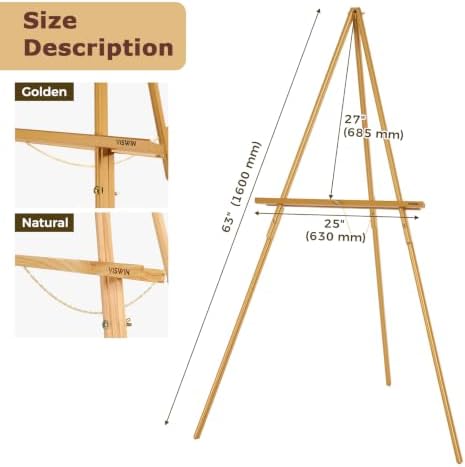 VISWIN 3Pcs 63" Gold Easel Stand for Wedding Signs, Adjustable Wooden Display Easel with Holder, Tripod Floor Easel for Welcome Board, Poster, Picture, Photos, Paintings