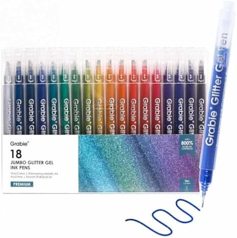 Grabie Set of 18 Color Jumbo Glitter Gel Pens, Metallic Sparkling | Extra Long Writing Life, Rich Glitter Effects, Smooth Ink Flow, Comfortable Grip, Creative Projects, Journaling
