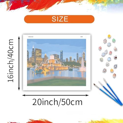 Chicago City Night View Paint by Number, Buckingham Fountain Paint by Numbers for Adult, Downtown Cityscape Canvas Painting Set, Travel Scenery Acrylic Painting for Home Decor 16×20inch Unframe