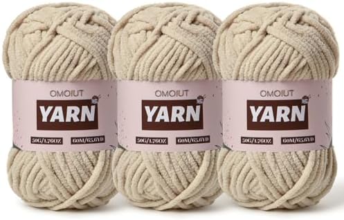 3 Packs Plush Chenille Chunky Crochet Yarn - Baby Yarn for Crocheting Soft - Velvet Yarns Knitting for Blankets Crafts - Fluffy Amigurumi Yarns 150g / 196.8yds (3 Light Khaki)