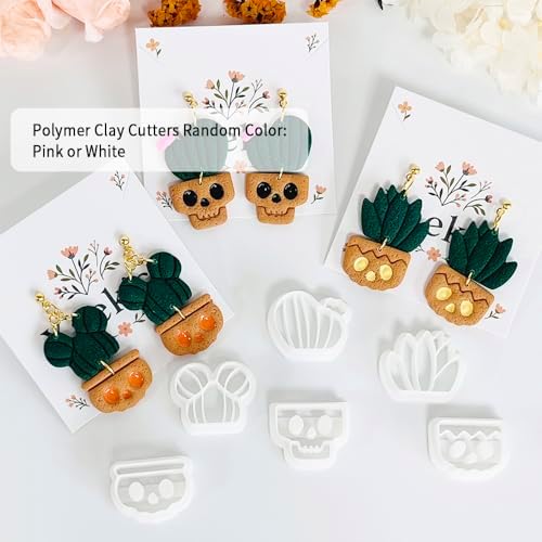Xaekicr Halloween Cactus Polymer Clay Cutters – 6Pcs Skull Plant Clay Earring Cutters for DIY Halloween Jewelry – Cute Clay Tools for Polymer Clay Crafts