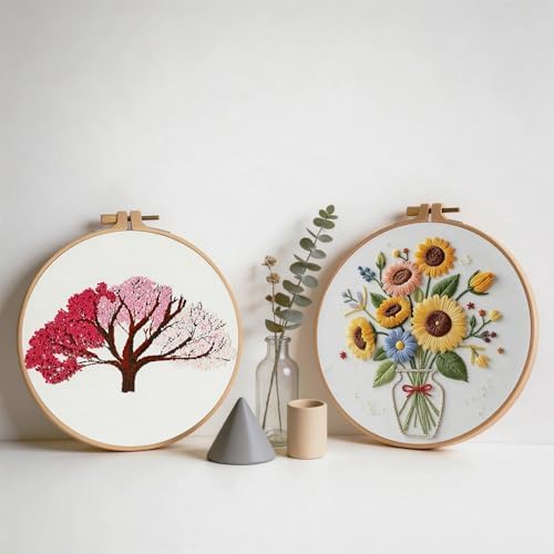 spicssa Embroidery Kit for Beginners, Hand Needlepoint Kits for Adults with Pre-Stamped Patterns, 7.8-Inch Hoop, Threads & Needles, Step by Step Instructions