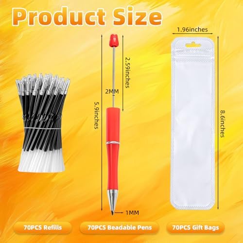 210 Pieces DIY Beadable Pen Bulk Kit – 70PCS Ballpoint Pen with Refills & Bags – Perfect for Beads Pens Supplies, Beaded Pens for DIY Crafting – Office Supplies & Teacher Accessories (Red)