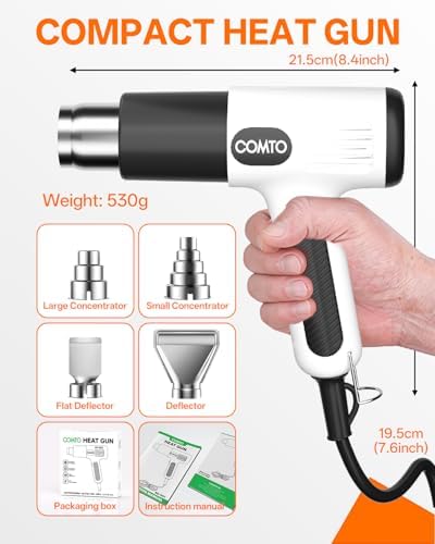 Heat Gun, 1600W Hot Air Gun with 2 Heat Settings, White | 752°F/1112°F Dual Heat Control, 4 Metal Nozzles, Overheat Protection, PA66 Housing, 1.1lb Lightweight Design, Non-Slip Grip